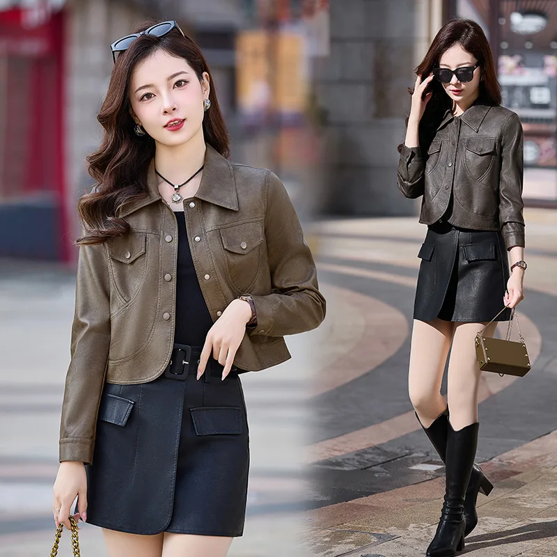 Small leather jacket for women's short 2024 spring clothing, new Korean version slim fit, stylish pocket design, and a sheep