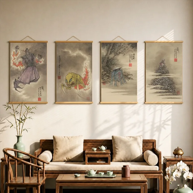 Whimsical Surreal Fantasy Canvas Wall Art Hanging Scroll Contemporary Viral Art Print with Wooden Rods for Room Decor