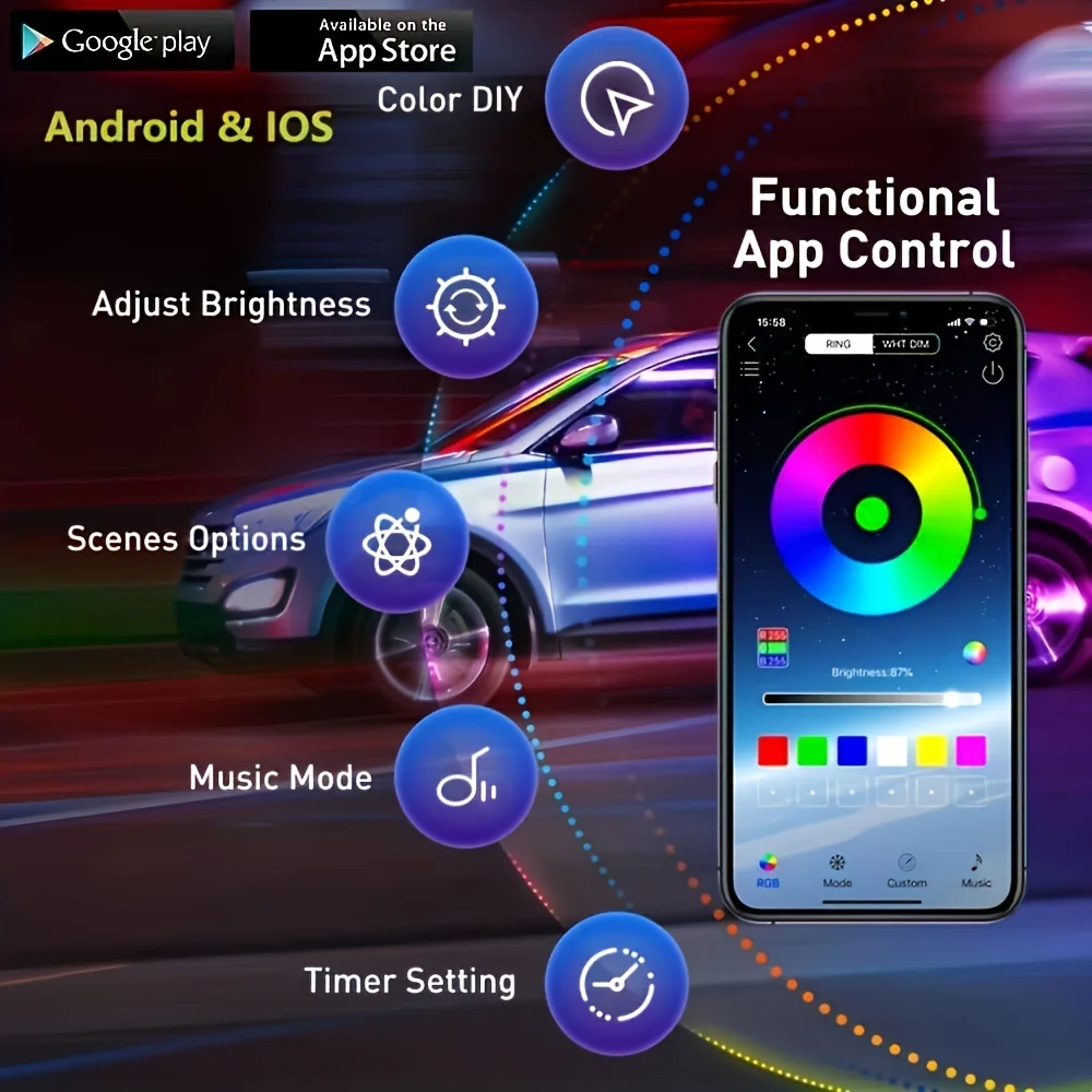 車のネオンアクセントストリップライト、rgbサウンド、アクティブ機能、ワイヤレスリモコン付き音楽モード、アンダーボディライトストリップ、4個