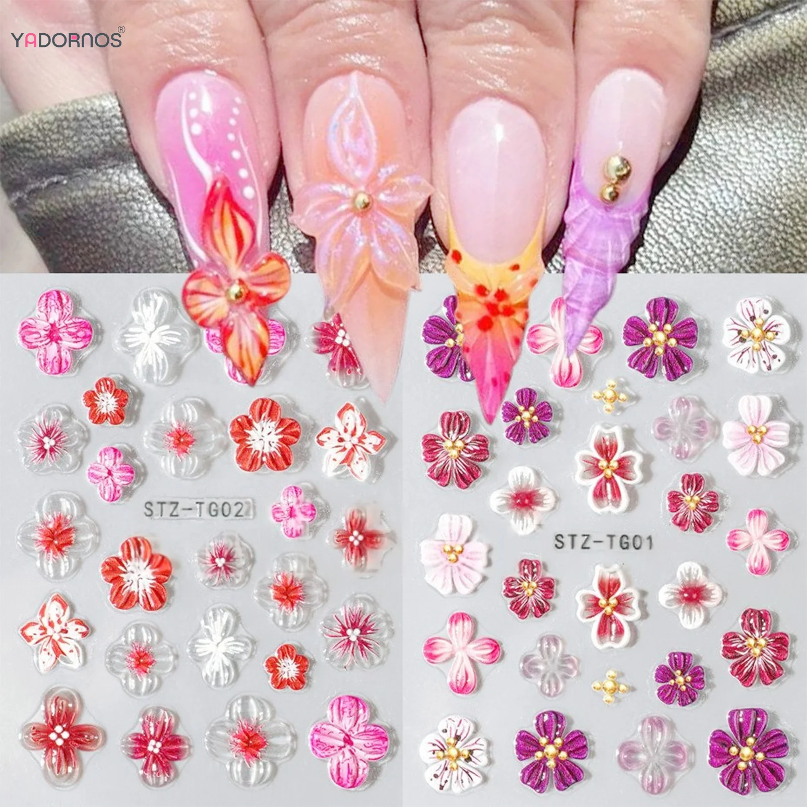 Embossed 5D Flower Nail Stickers Pink/Purple Floral Nail Decal Stickers for DIY Manicure Women Party Wedding Dating Daily Use
