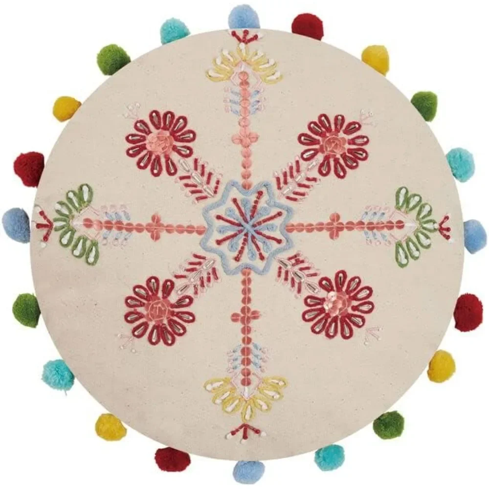 

Boho Holiday Snowflake Pillow – 14-Inch Round Cotton Duck Cushion for Christmas Home Décor