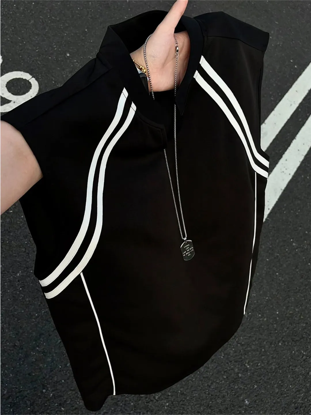 Color Block Striped Sports Style Vest Men Summer V Neck Overhead Loose High End Feeling Basketball Sweatshirt Shoulder Pad