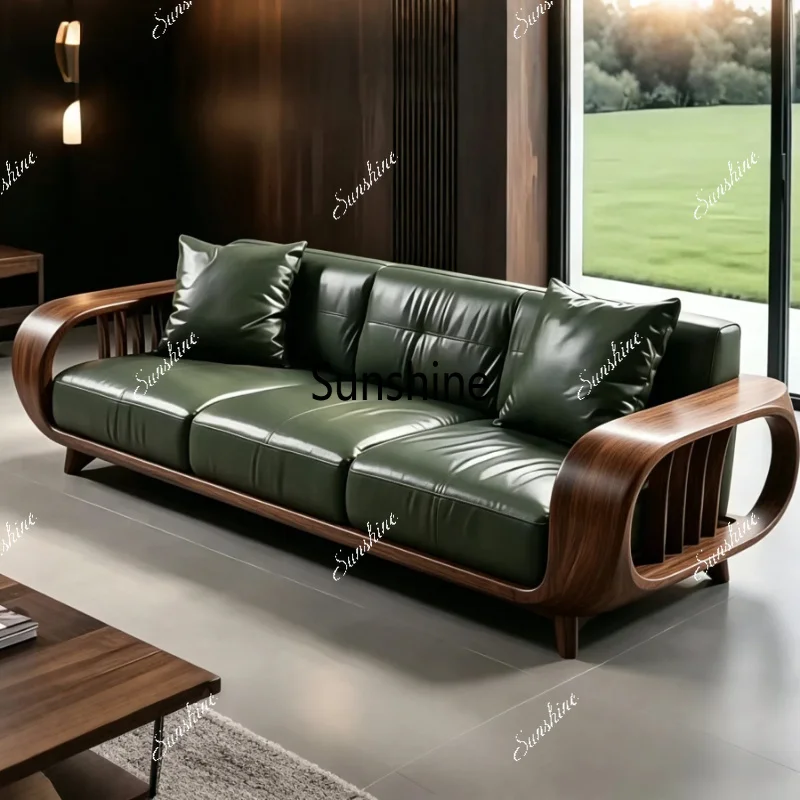 

New Chinese high-end atmospheric solid wood leather sofa, tenon and mortise structure living room solid wood