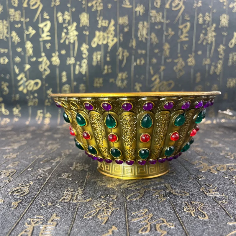 

Antique Craft Vintage Bronze Color Gemstone Bowl Painted Gold Alloy Craft Ornament Miscellaneous Items