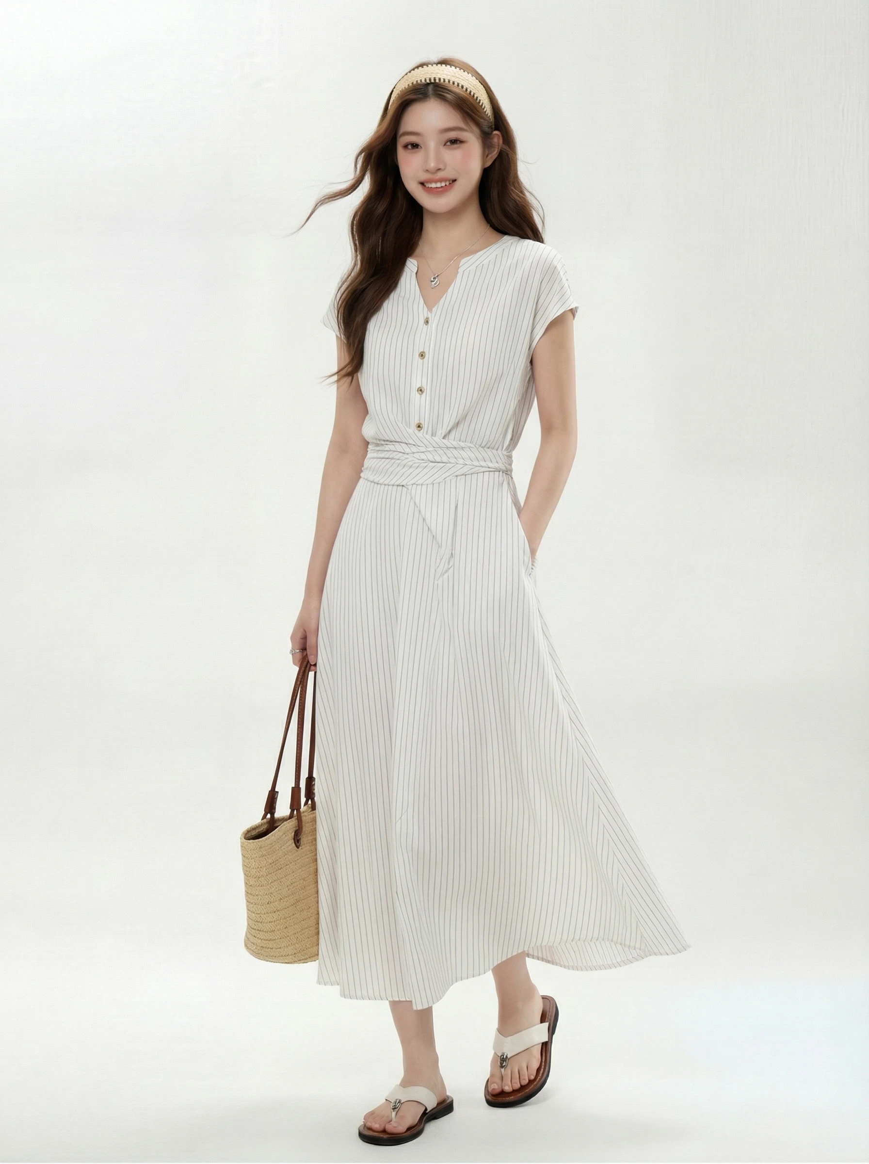 

Korean Style Long Stripe Dress with Bow Tie Waist Design Summer Breathable Women's Fashion plus Size A-Line Skirt Dress