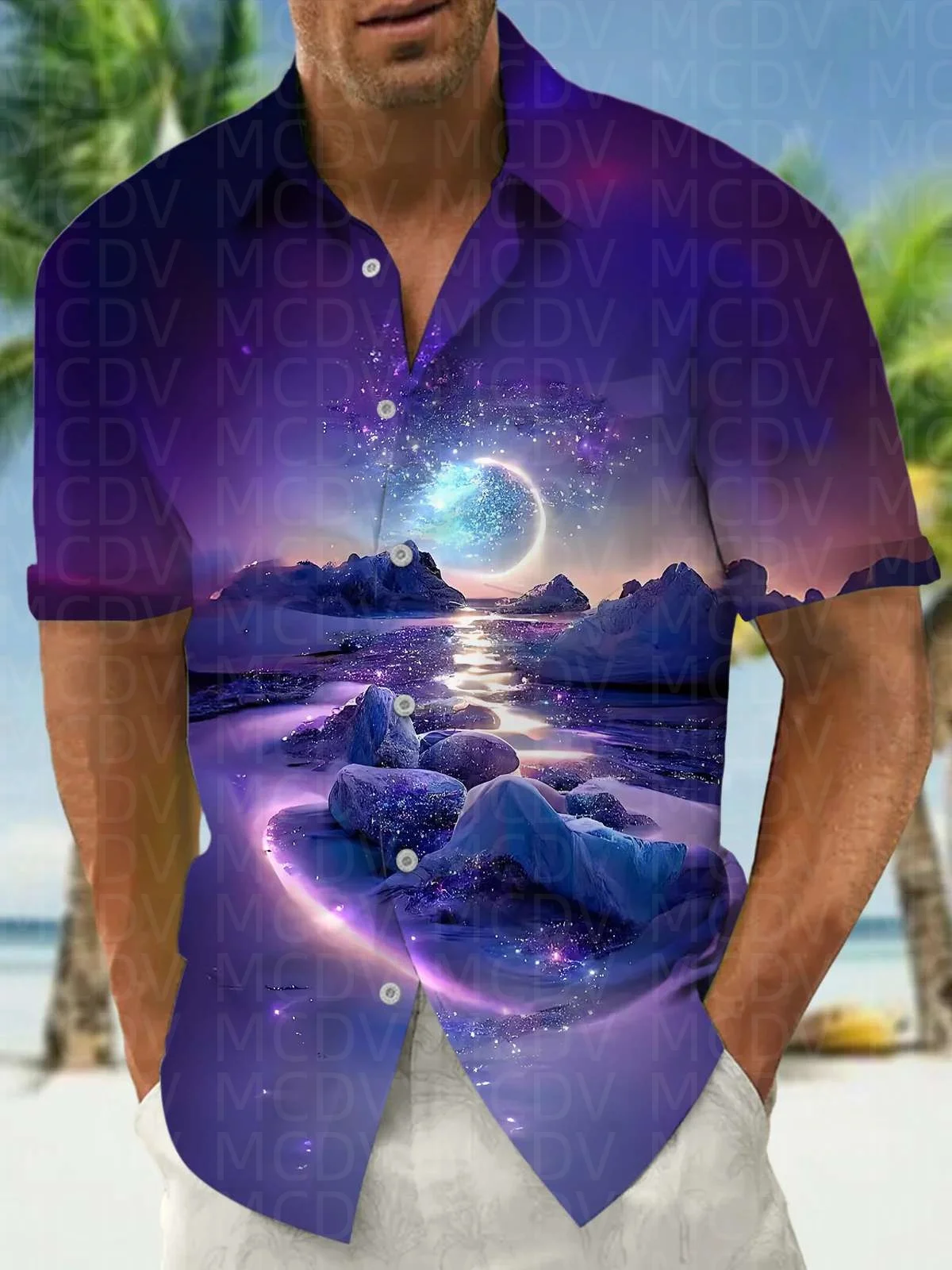 Lotus flower Pattern Men's Hawaiian Shirt Stretch Easy Care Camp Shirt Big Tall