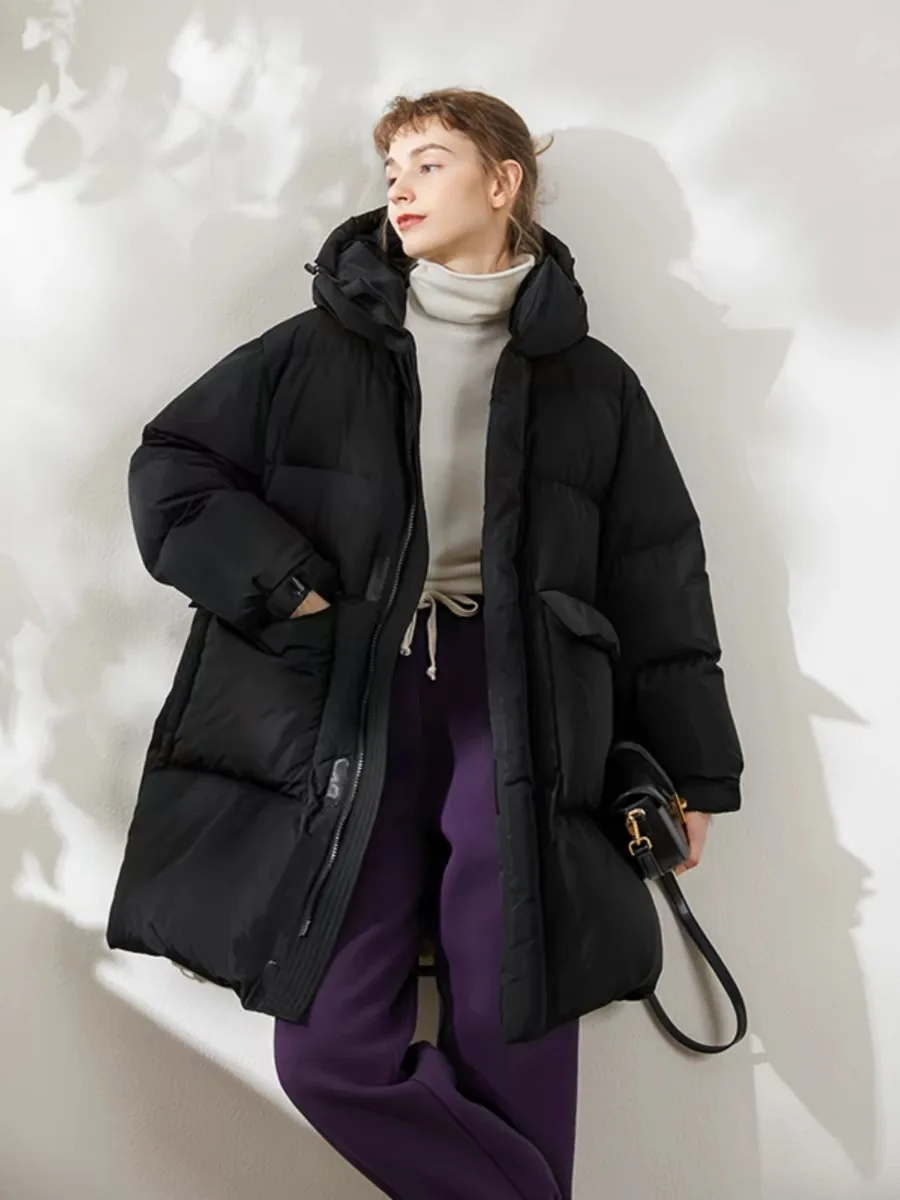 

122-126cm Bust Autumn Winter Women Army Green Hooded Puffy Coat Warm 90% White Duck Down Coats