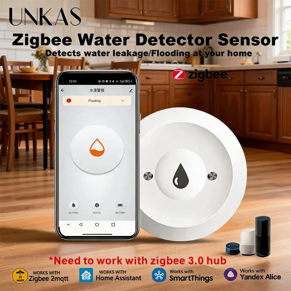 UNKAS Zigbee Tuya Smart Protection Kitchen Water Tank Leak Detector Flood Sensor Overflow Detection Notification for Overflow