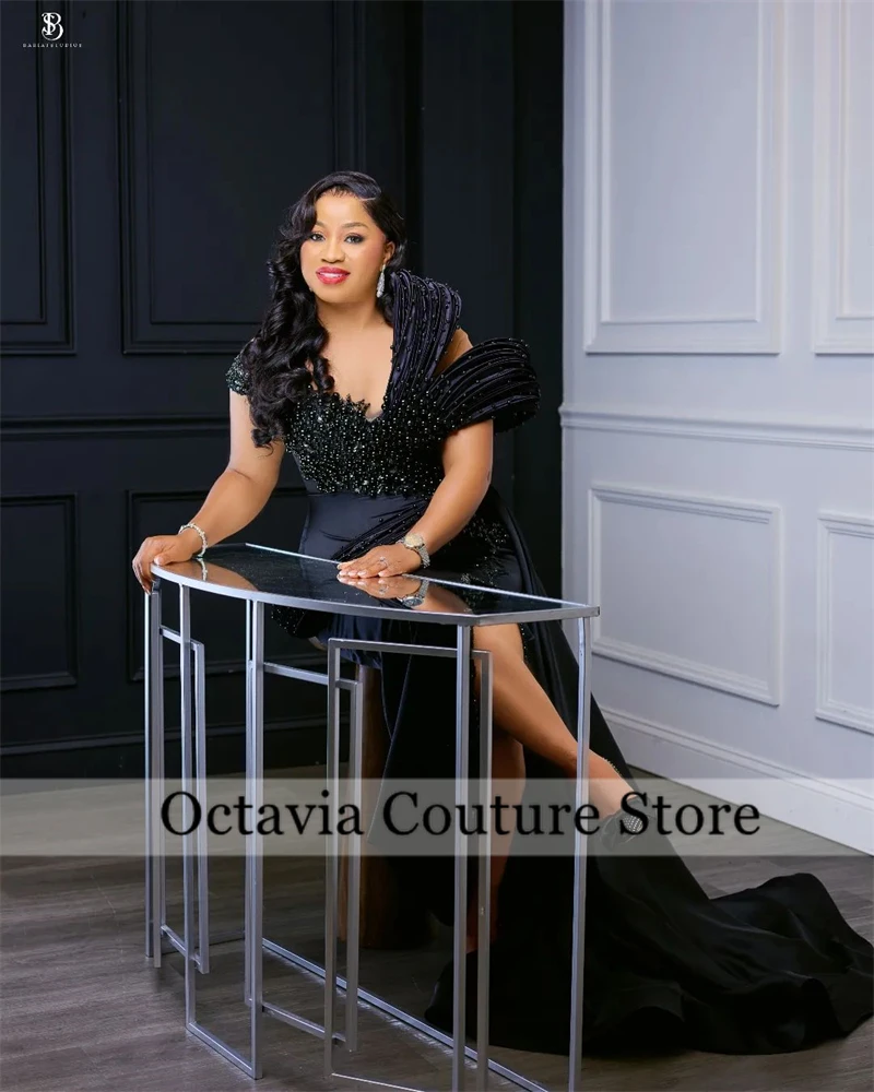 Aso Ebi Black Ruched Evening Dresses Bead Crystal Luxury Dress Birthday Off Shoulder Black Girls Split Prom Dresses Customized