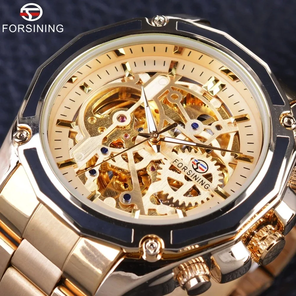 

Fashion Forsining Top Brand Men's Full Stainless Steel Hollowed Out Luminous Fully Automatic Mechanical Waterproof Wrist Watches