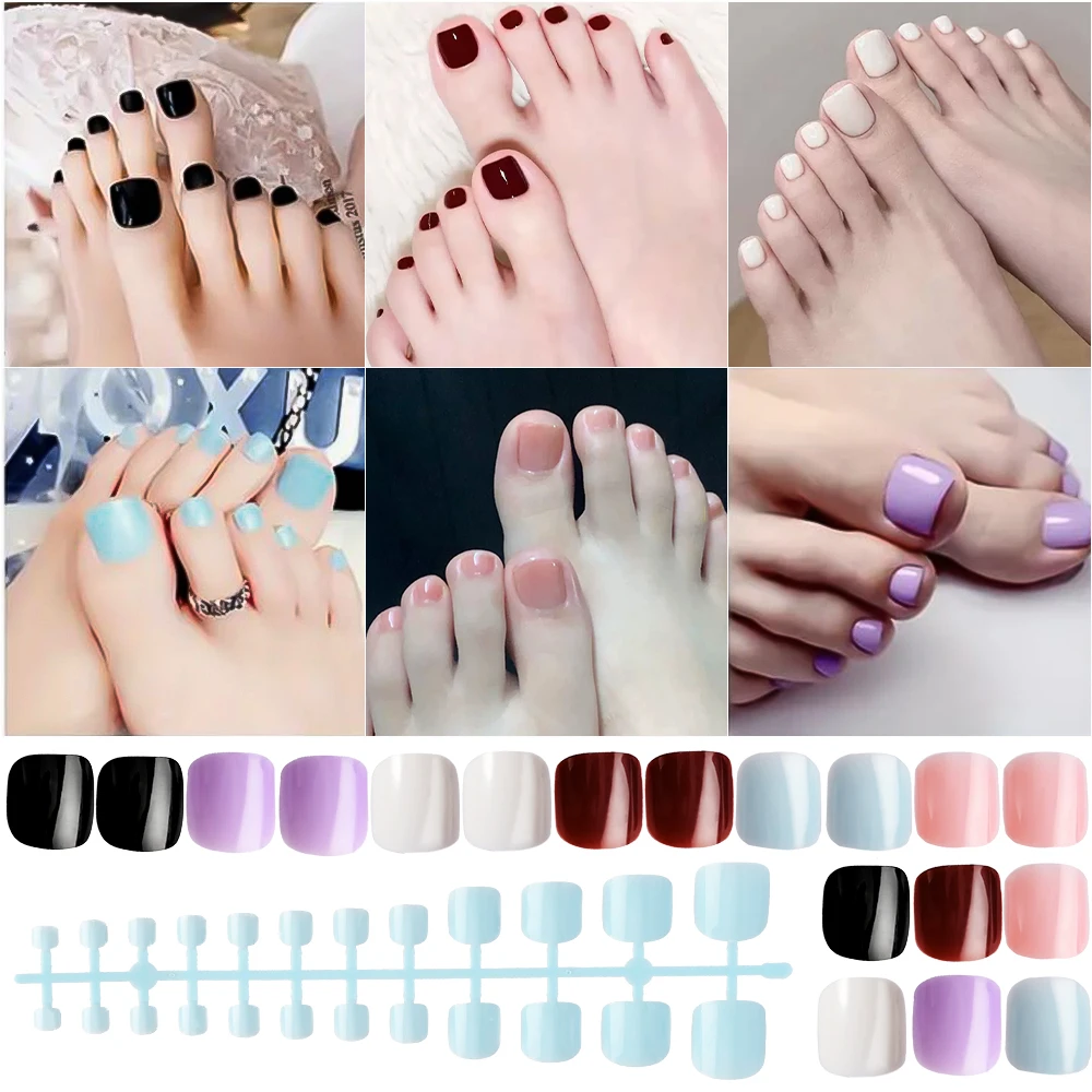 6colors Mixed Short Square Glossy Color Press On Toenails 120/144pcs Acrylic Fake Toenails Daily Wearable False Toenail Nails