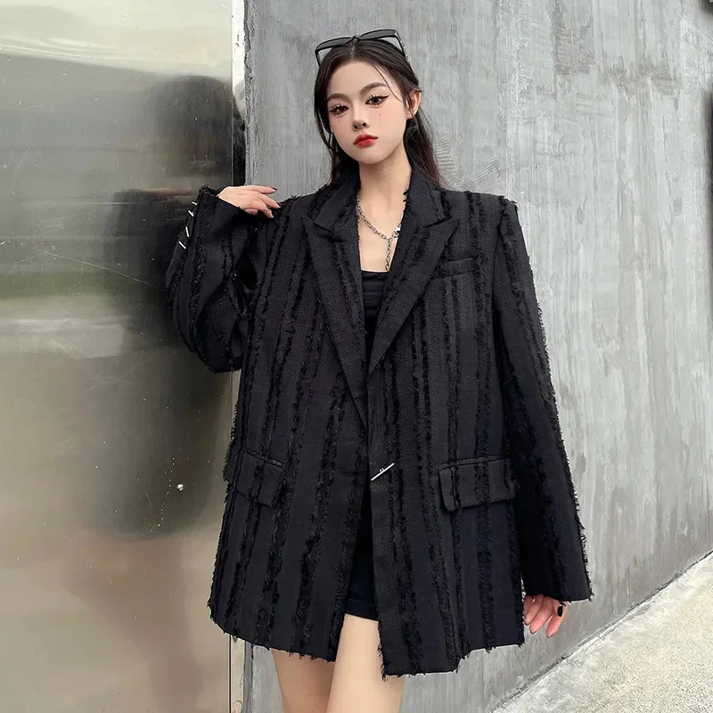 Black White Suit Jacket Women's 2023 New Design Feels Loose Large Size Blazer Vintage Tops Fashion Coat Female Pocket Outerwear