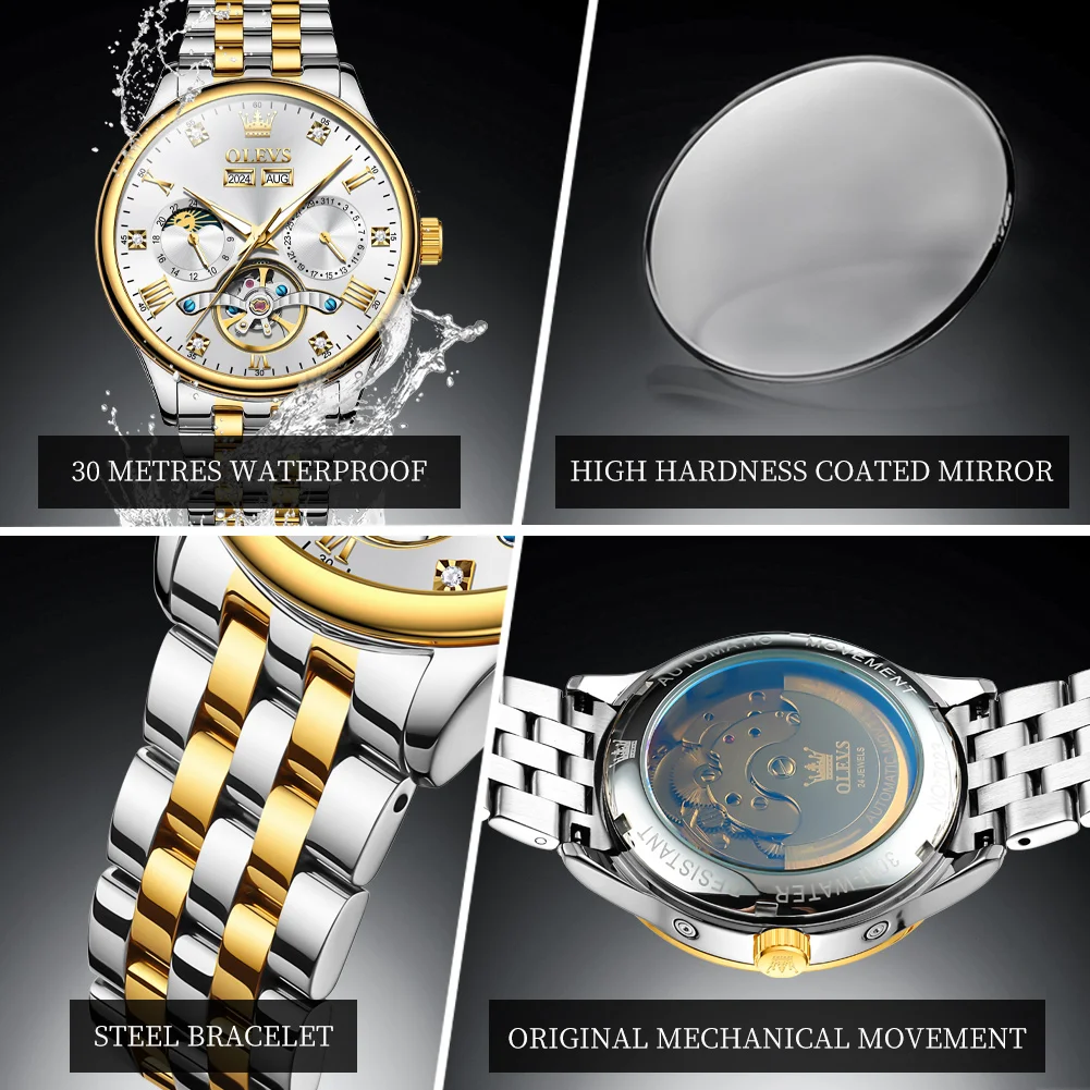 OLEVS 7023 Skelett-automatische mechanische Uhr für Herren, multifunktionaler Mondphasenkalender, wasserdicht, ausgehöhlt, luxuriöse Herrenuhr