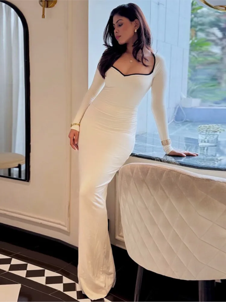 Figurbetontes Kleid mit langen Ärmeln, schmale Kleider 2025, Frau, Wickelhüfte, Vestido femininos, Kontrastfarbe, französisches elegantes Temperament