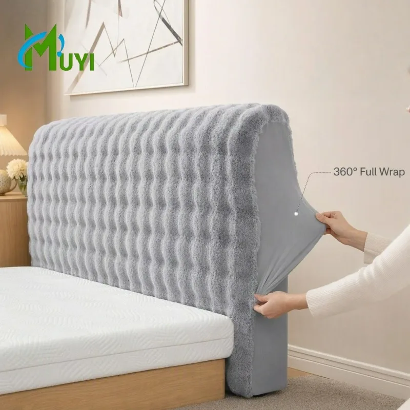 Faux Fur Bed Headboard Cover Elastic Plush Bed Backrest Slipcover Soft Fluffy Anti Collision Upholstered Bedroom Bed Head Cover