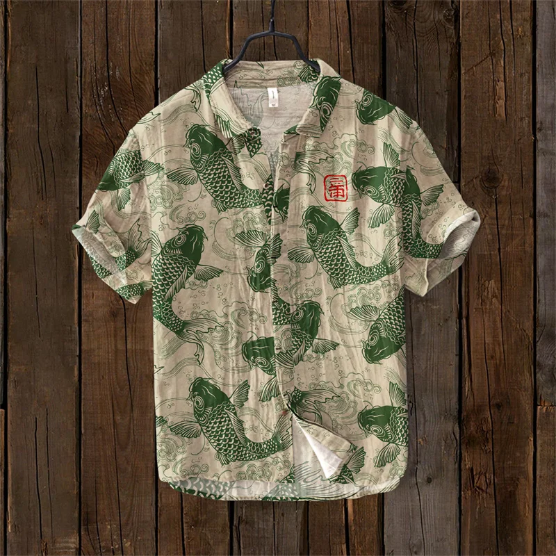 

Hawaiian Art Fashion Men's Shirt Printed 3D Digital Casual Wide Neck Short Sleeve Shirt Large Linen Material