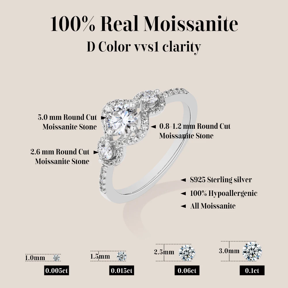 ATTAGEMS Three Stones Cluster Women Moissanite Ring D VVS1 0.5 ct Round Cut 925 Sterling Silver Engagement Wedding Fine Jewelry