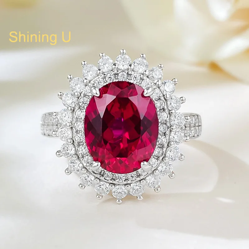 

Shining U S925 Silver High Carbon Daimond 8*10mm Ruby Oval Ring for Women Fine Jewely Gift