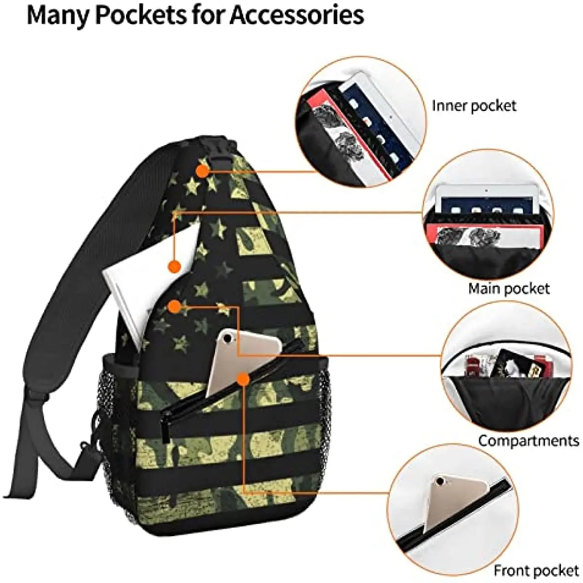 American Flag with Camouflage Sling Backpack Chest Bag Crossbody Shoulder Bag Gym Cycling Travel Hiking Daypack for Men Women