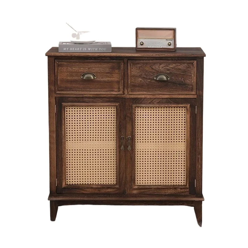 Solid wood dining side cabinet rattan American retro tea cabinet living room storage cabinet B & B new Chinese storage