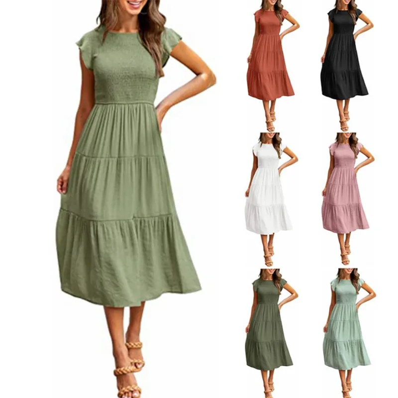 Elegant Flying Sleeve Women Long Dress Summer New Patchwork Party Round Neck A-Line Dresses Female Boho Holiday Beach Sundress