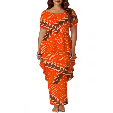 Polynesian Island-Style Women'S Short-Sleeved Puletasi Floral Print Dress Samoan Party Style Evening Dress