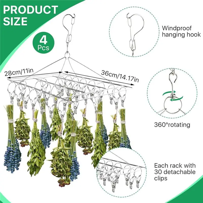 LLCS-Space-Saving Hanging Herb Drying Rack-4-Pieces Stainless Steel, Includes 30 Hooks For Fresh Herbs