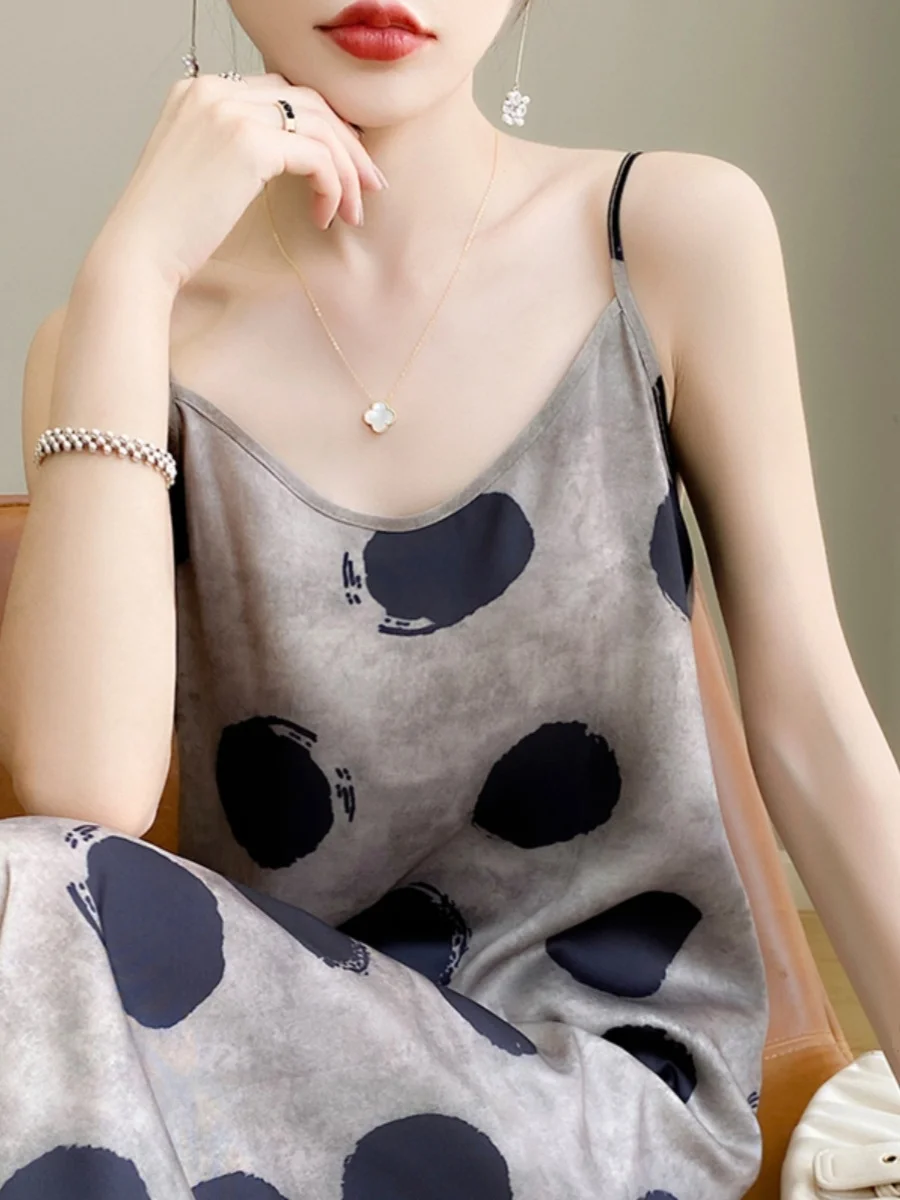 2025年夏 レディース ゆったり 着痩せ効果 ポルカドット柄 マキシ丈 ドクターアセテートサテン ラップドレス 韓国風 スリーブ ラウンドネック Aライン ガウン