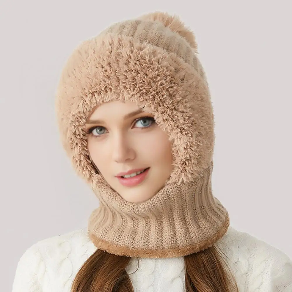 سميكة متماسكة نمط قبعة المرأة محبوك قبعة المرأة 3 في 1 وشاح محبوك قبعة مع أفخم الكرة ديكور يندبروف قبعة الثلوج لفصل الشتاء