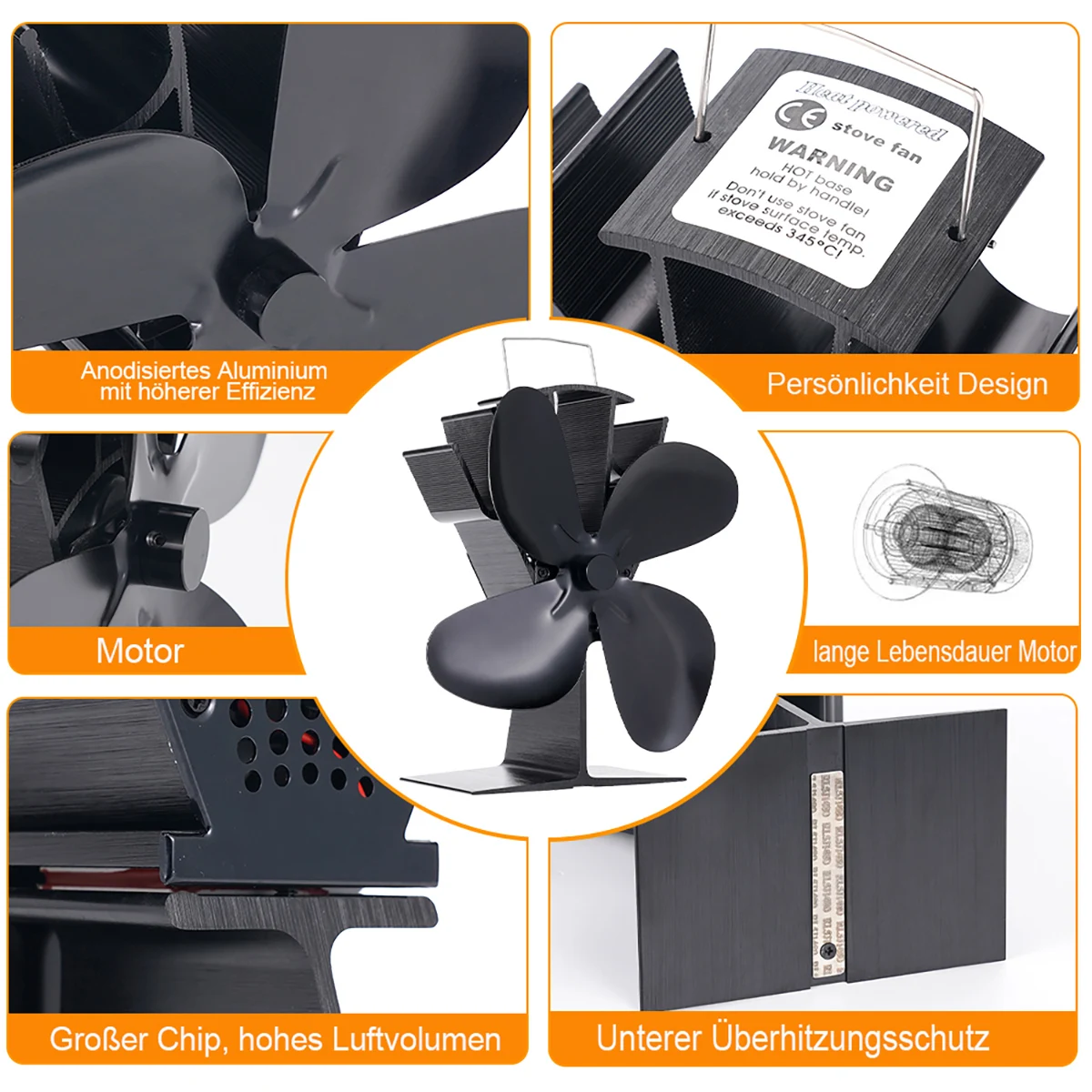 مروحة موقد الطاقة الحرارية ذات 4 أوراق، نموذج حرق الخشب البيئي، مروحة مدفأة صامتة، تسخين شتوي، تبديد كفاءة للحرارة