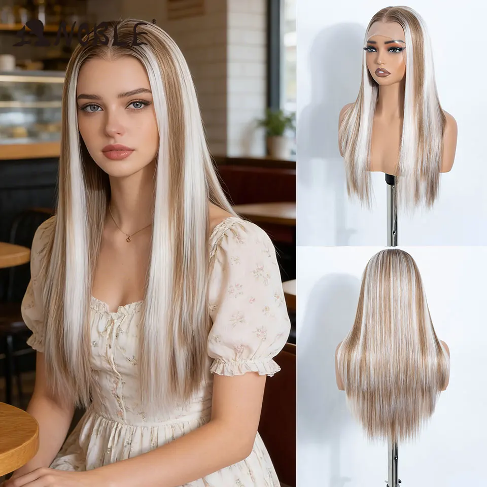 

Синтетический парик NOBLE 24 дюйма (13x6) с прямой линией роста волос, с коричневыми и белыми прядями, термостойкий, для белых женщин