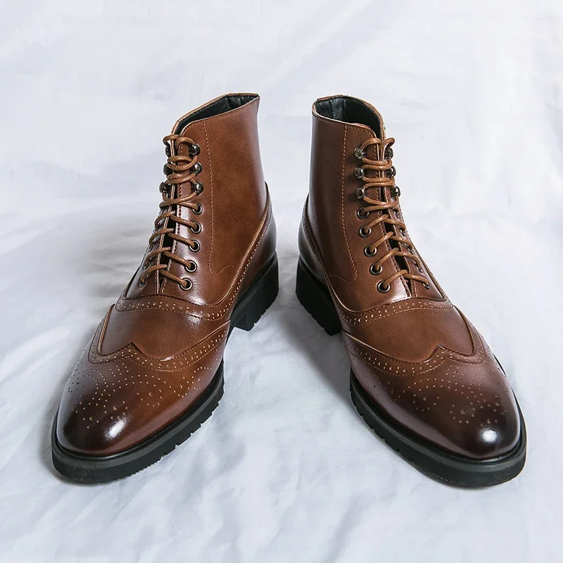 Brown Brogue Men Short Boots Lace-up Ankle Handmade Square Toe Motorcycle Boots with Men Boots Zapatos Hombre