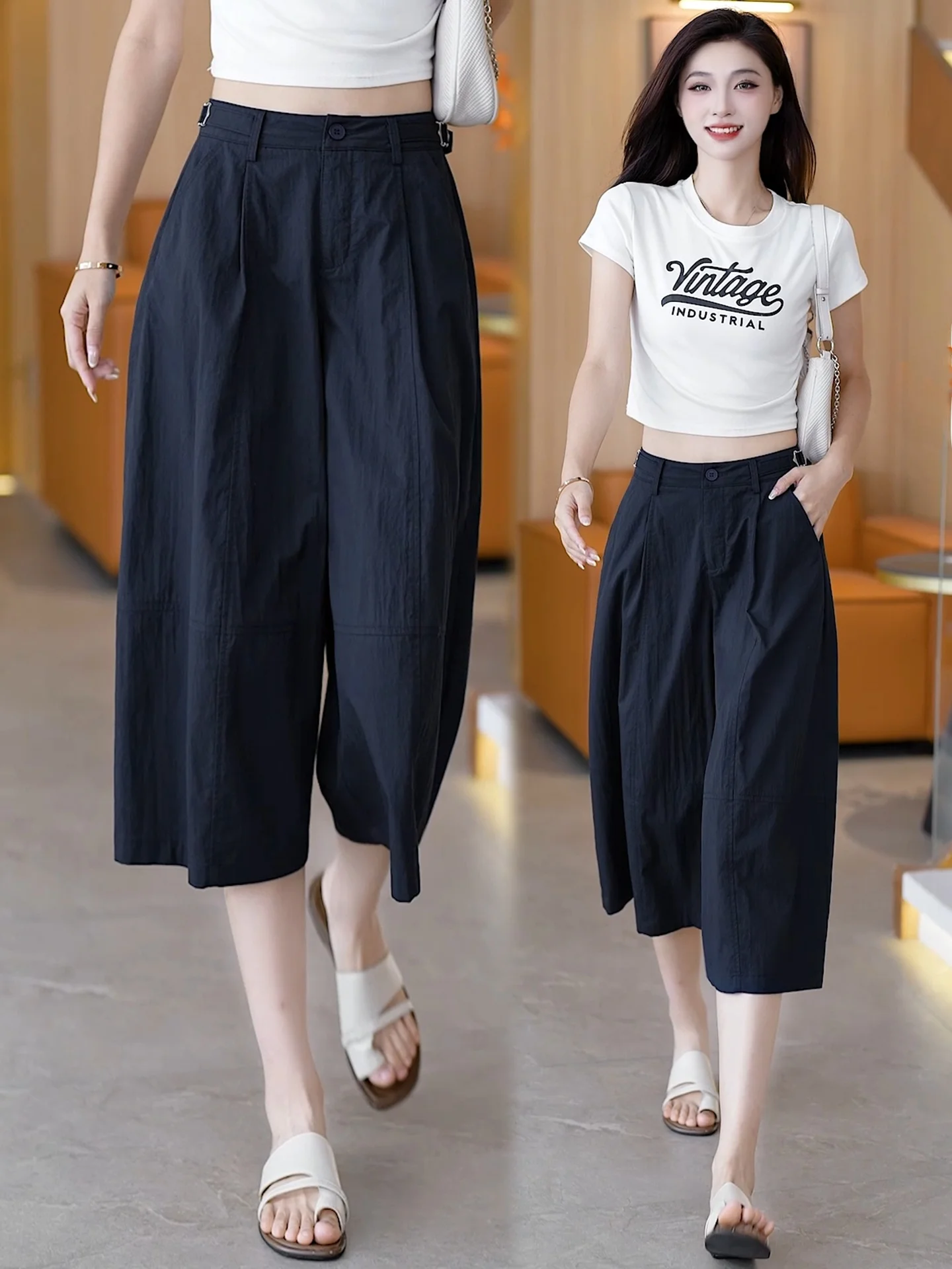 Casual High Waist Wide Leg Pants Women's Summer Thin Loose Feeling Comfortable Straight Cut Trousers Breathable Cool Sensation