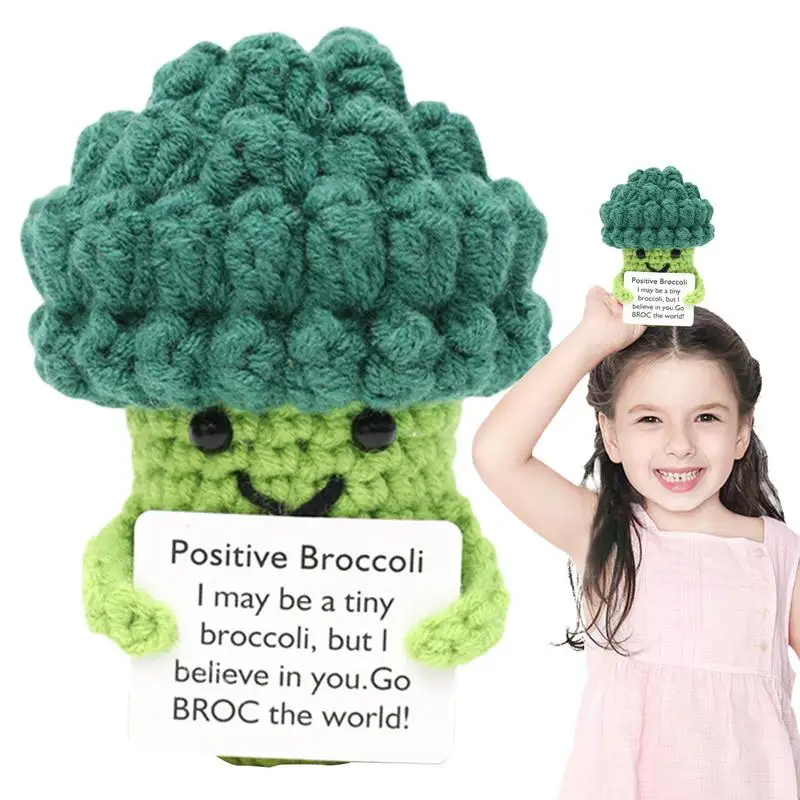 1Pcs Positive Crocheted Vegetable with Encouraging Card Emotional Support Handmade Knitting Broccoli Toy with Encourage Card