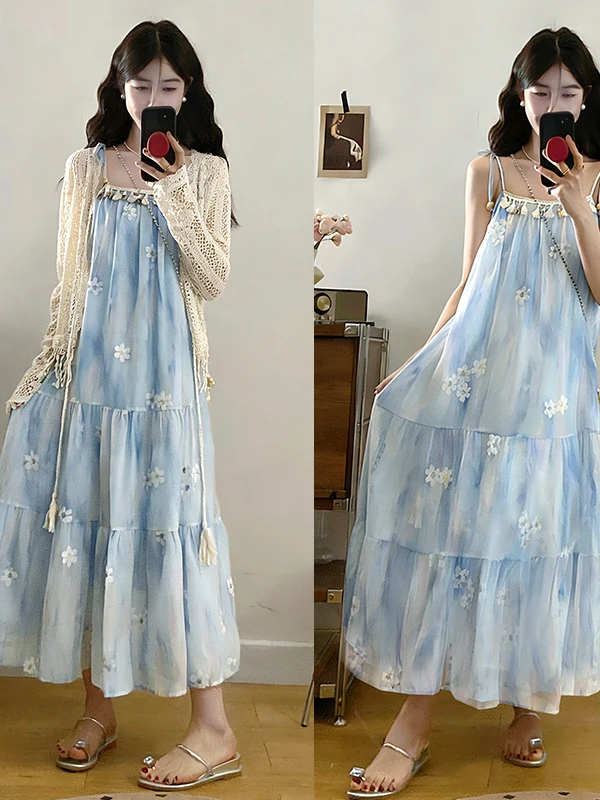 

Anti-Aging Summer New Korean Style Women's Loose Fashionable Trim Dress Cardigan Two-Piece Set Breathable Medium Thickn...