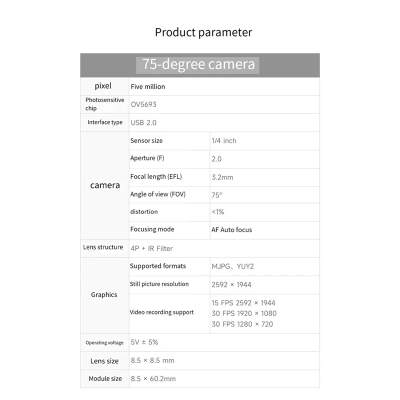 Módulo de câmera confiável de 5mp USB2.0 OV5693 Módulo de cabeça de câmera Lente de foco automático Vista de 75 graus