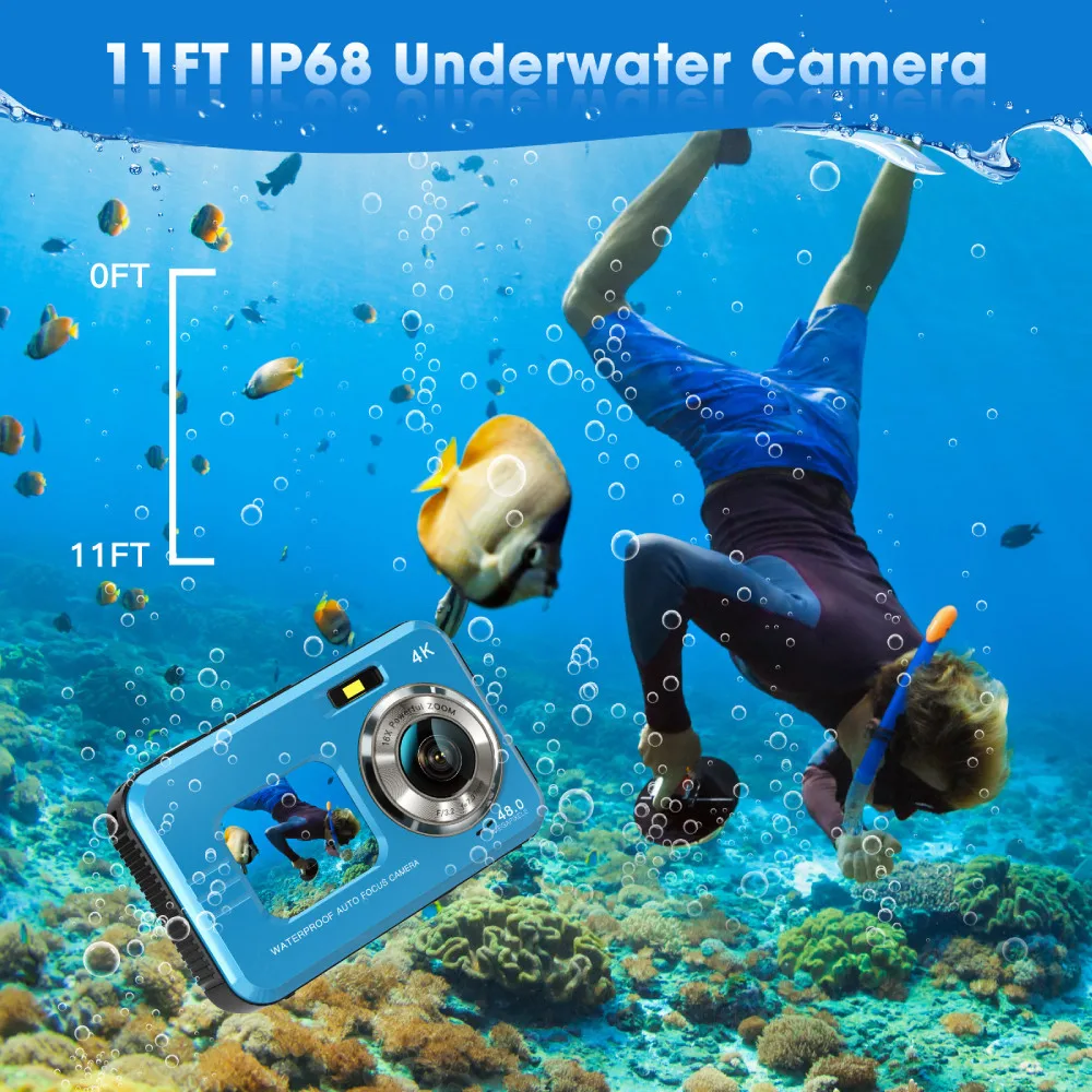 Câmera subaquática 4k, câmera à prova d'água de 11 pés com cartão de 64gb, 48mp, autofoco, tela dupla, selfie, câmera subaquática para mergulho com snorkel