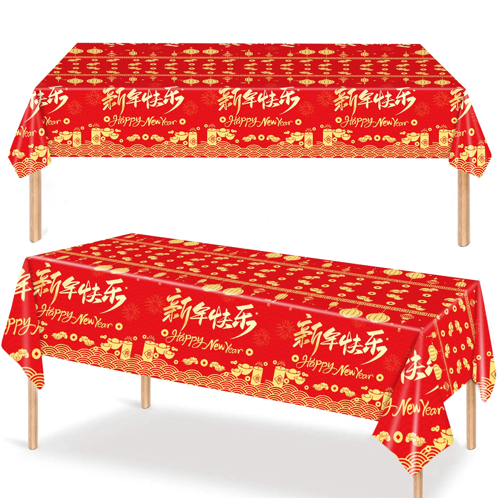 2025 Chinese New Year Tablecloth Disposable Red Plastic Table Cover with Lantern Firework for Lunar Spring Festival Party decorr