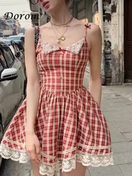 Vintage Goth Plaid Lolita Dress donna giappone Mori Girl Lace Patchwork abito con bretelle Kawaii Spaghetti Strap Party a-line Vestido