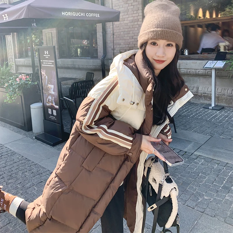 Splicing Women Jacket Warm Coats Down Long Striped Collision Parka Korean Fashion Casual Down Jacket Thick Loose Puffer Coats