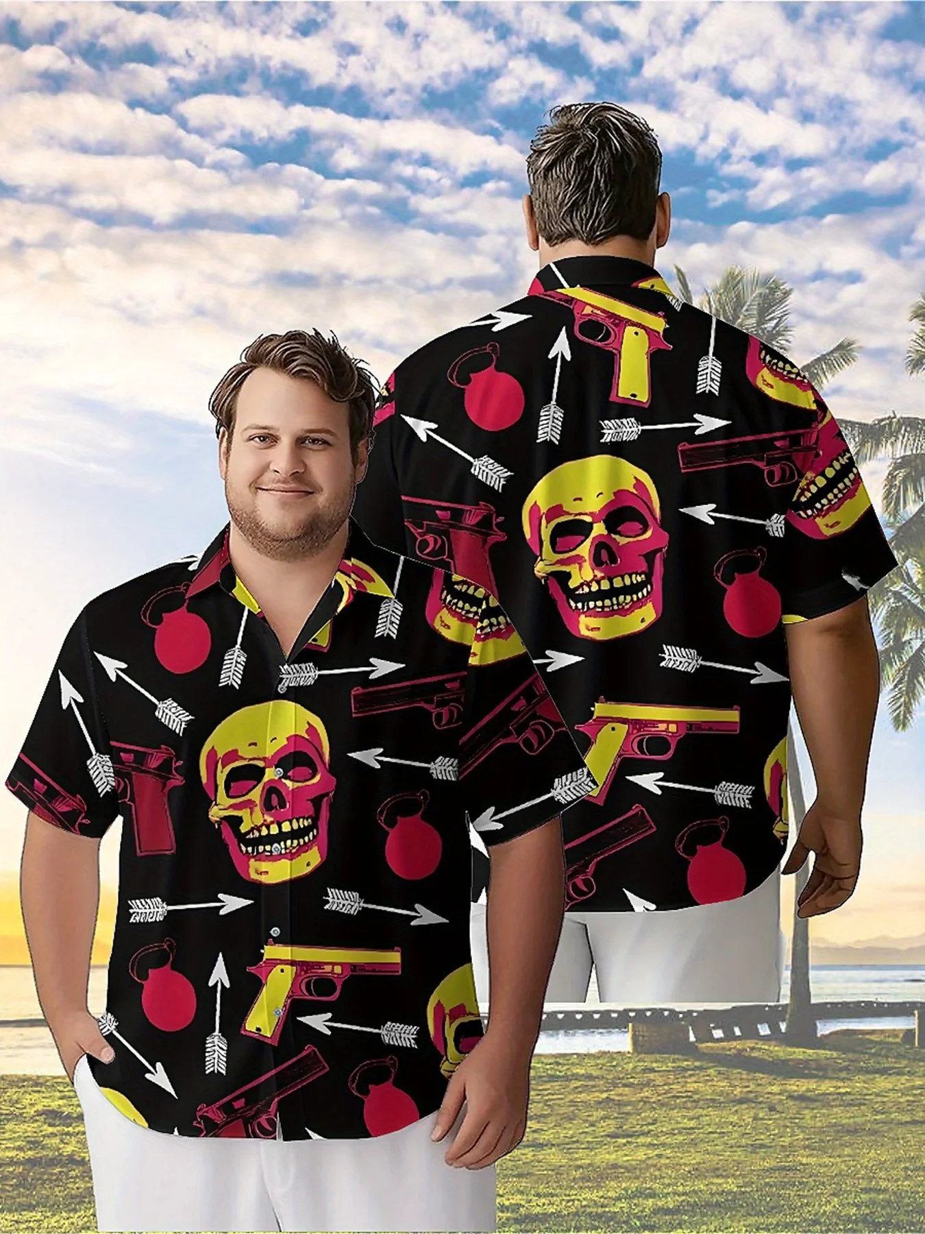 Men's Plus Size Hawaiian Shirts _Skull and Weapons Pattern, Button Up Shirts, Unisex Casual Clothing, Summer Tops