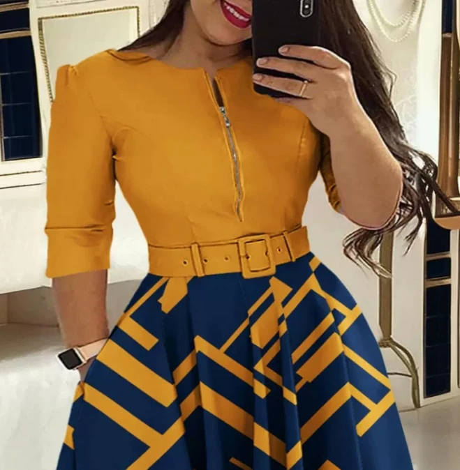 Women's Commuter Dress 2024 Summer Autumn Latest Chest Zipper Printed Pleated Dress Street Trendsetter Waist Belt Short Skirt