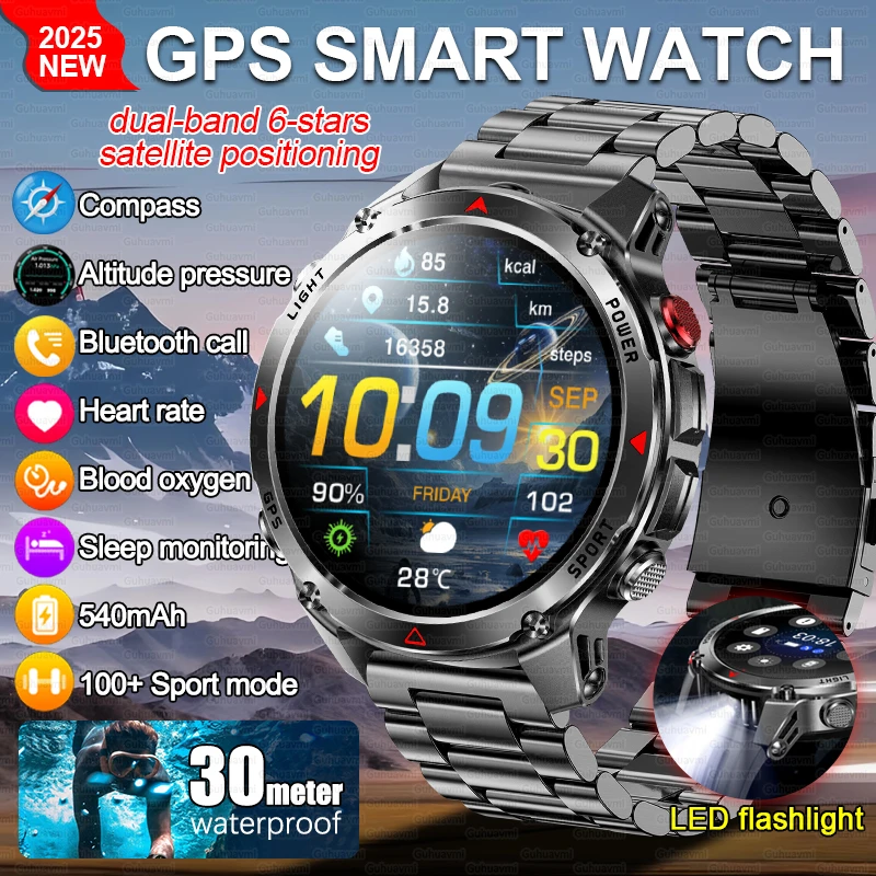 

2025 Новые GPS умные часы мужские военные класса 3ATM водонепроницаемые компас для плавания высота 540 мАч Bluetooth вызов спортивные часы мужские