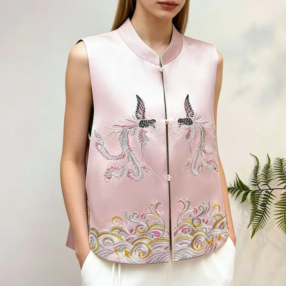 

Новый двусторонний жилет в китайском стиле с вышивкой Феникса, топ-ципао, сексуальный элегантный женский традиционный жилет с воротником-стойкой