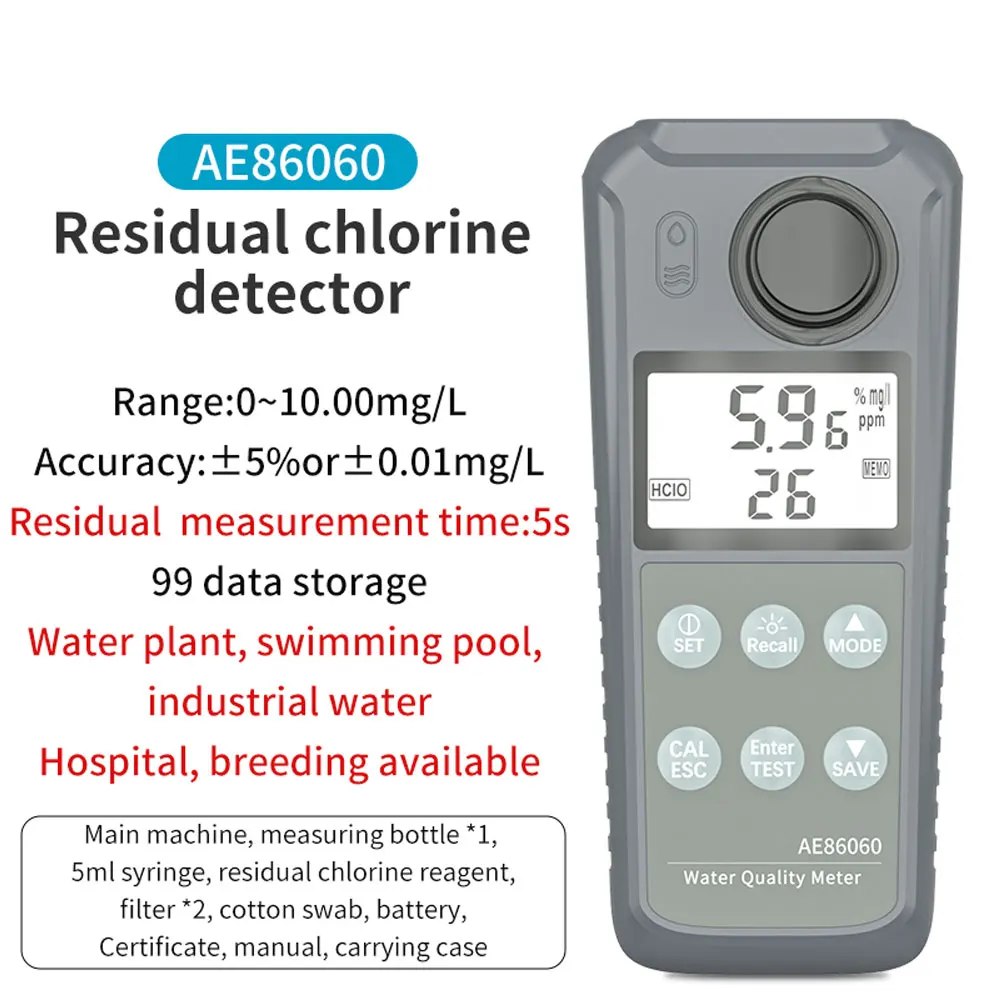 

Digital Portable residual chlorine detector AE86060 Water Quality Meter tester Aquaculture Domestic water range 0.0~10.00mg/L