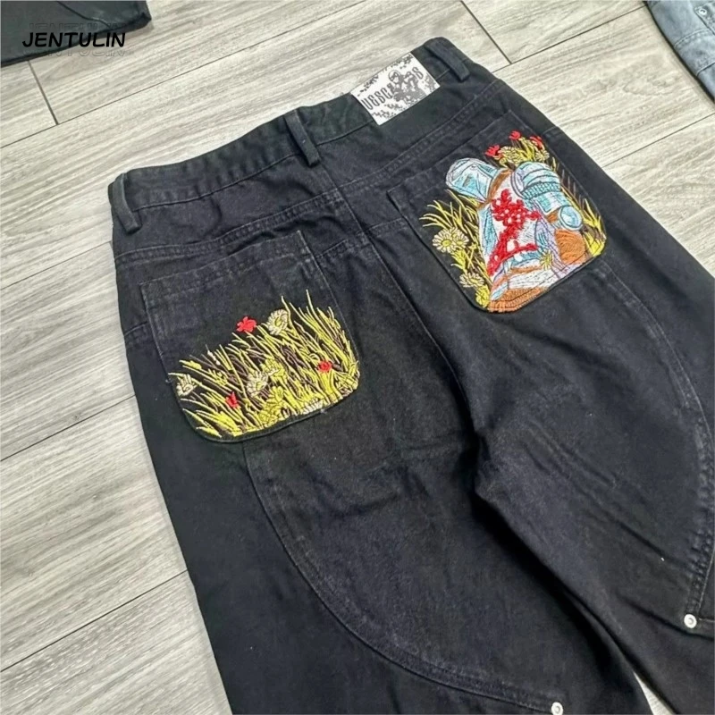 Jeans Artísticos Bordados Y2K dos Anos 2000, Moda Americana Retro, Calças Largas Oversized para Mulheres, Jeans Unissex