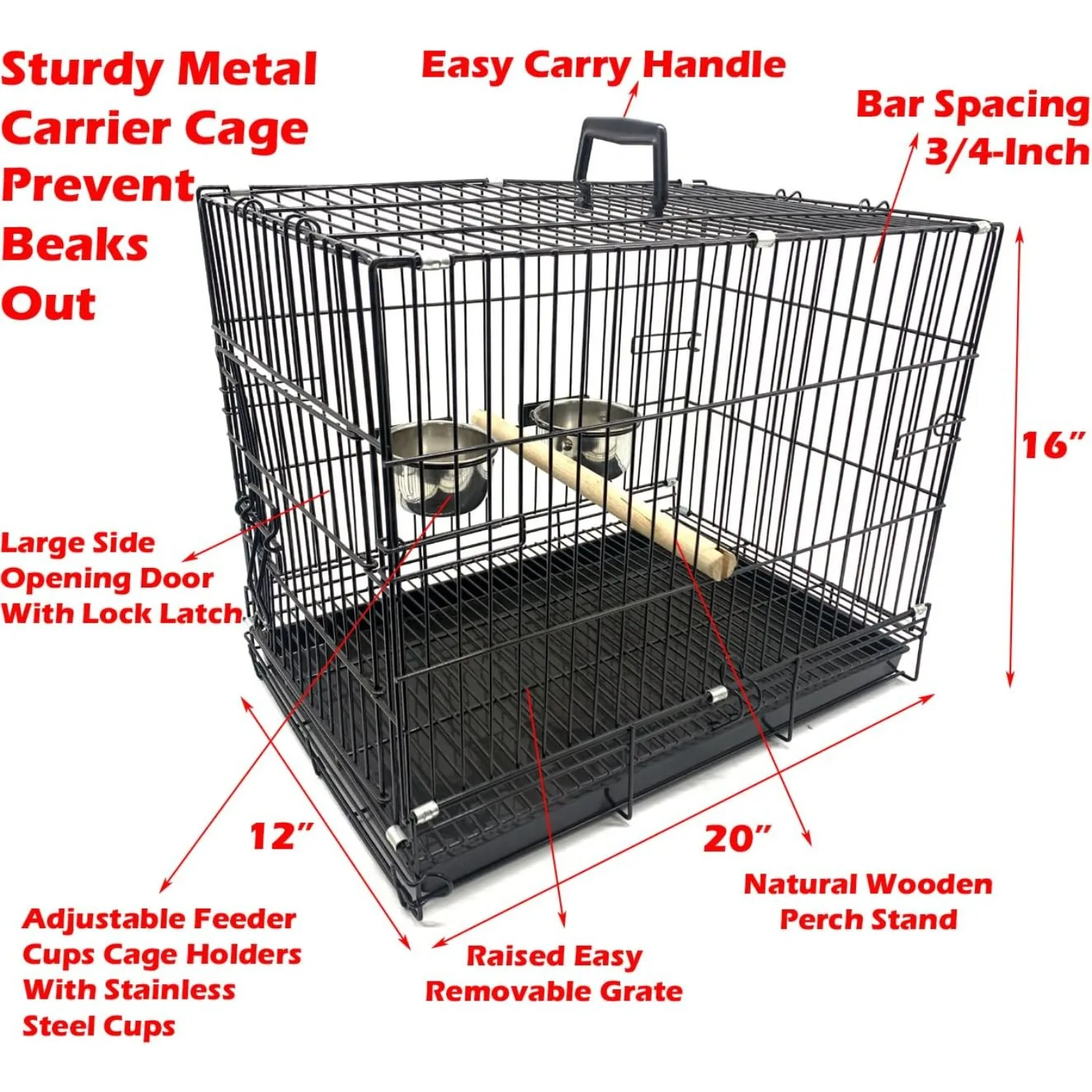 Travel Vet Bird Parrot Cage Carrier Foldable with Stainless Bowls and Wooden Stand Perch Prevent Beaks Out