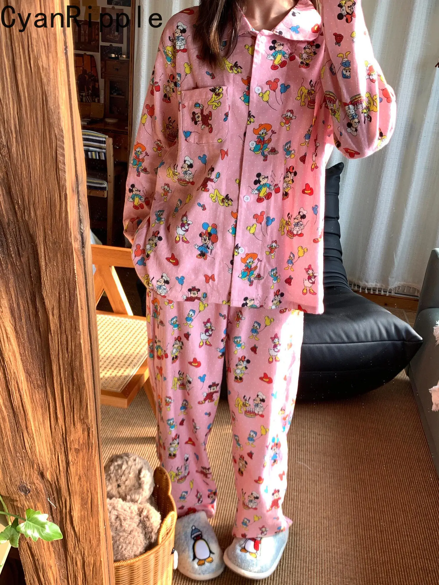 

Age Reduction Sweet Pink Mickey Printed Pajama Set New Spring Long Sleeve Cardigans Top Straight Pants Comfortable Home Clothing
