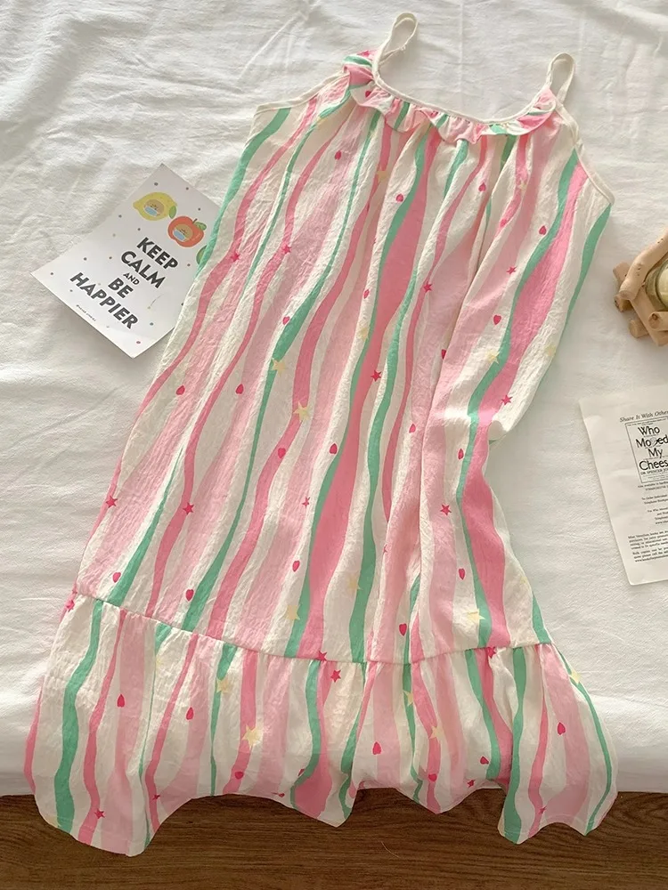 

Dopne Pink Striped Che Nightgown Women's Summer Thin Medium Length Spwear Cute Student Home Clothes Polyester Fabric