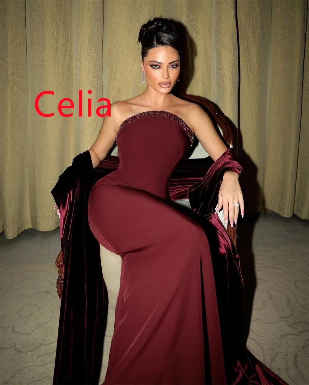 Customized Exquisite Burgundy Jersey Evening Dress Soft  Strapless Sleeveless Zipper Back Crystal Backless Open Back Prom Dress